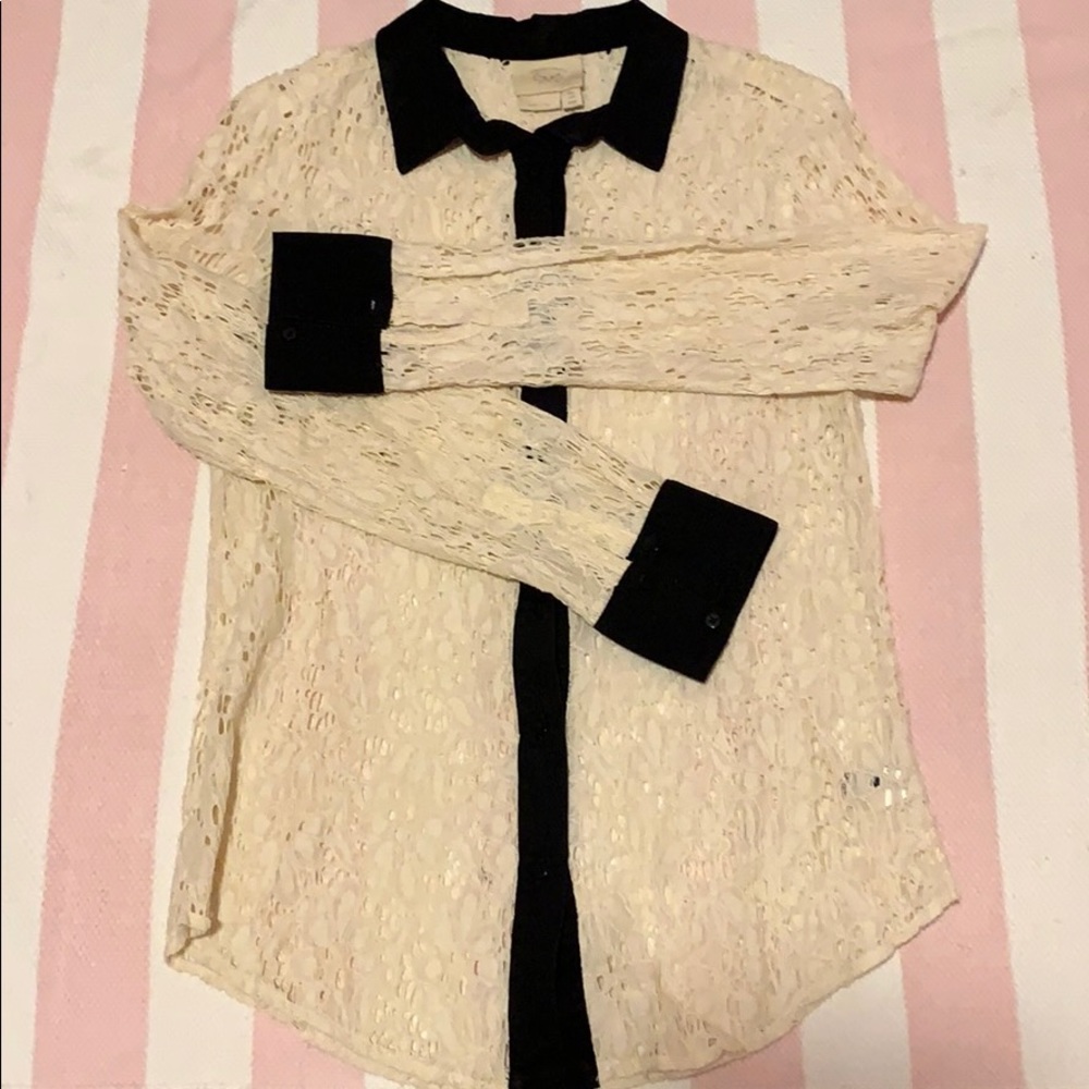 Anthropologie cream lace blouse button down top